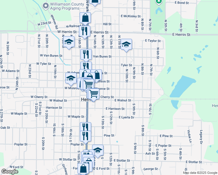 map of restaurants, bars, coffee shops, grocery stores, and more near 200 North 13th Street in Herrin
