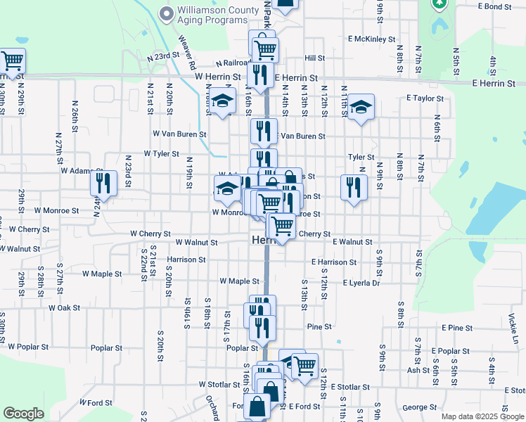 map of restaurants, bars, coffee shops, grocery stores, and more near 201 North Park Avenue in Herrin
