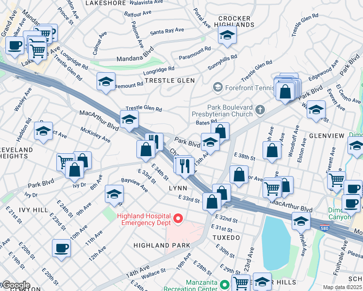 map of restaurants, bars, coffee shops, grocery stores, and more near Excelsior Ave & Kingsley St in Oakland