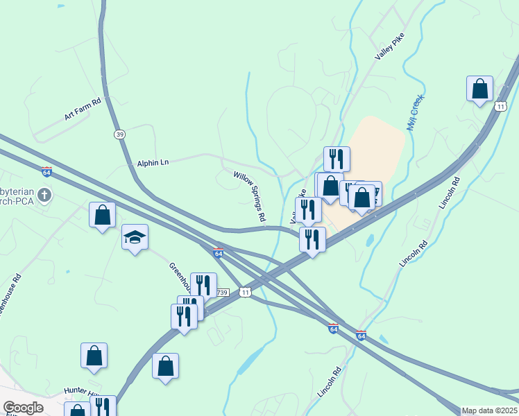map of restaurants, bars, coffee shops, grocery stores, and more near 47 Willow Springs Road in Lexington