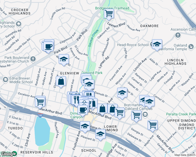map of restaurants, bars, coffee shops, grocery stores, and more near 3836 Lyman Road in Oakland