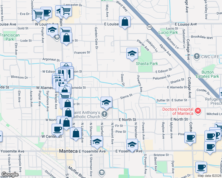 map of restaurants, bars, coffee shops, grocery stores, and more near 524 East Alameda Street in Manteca