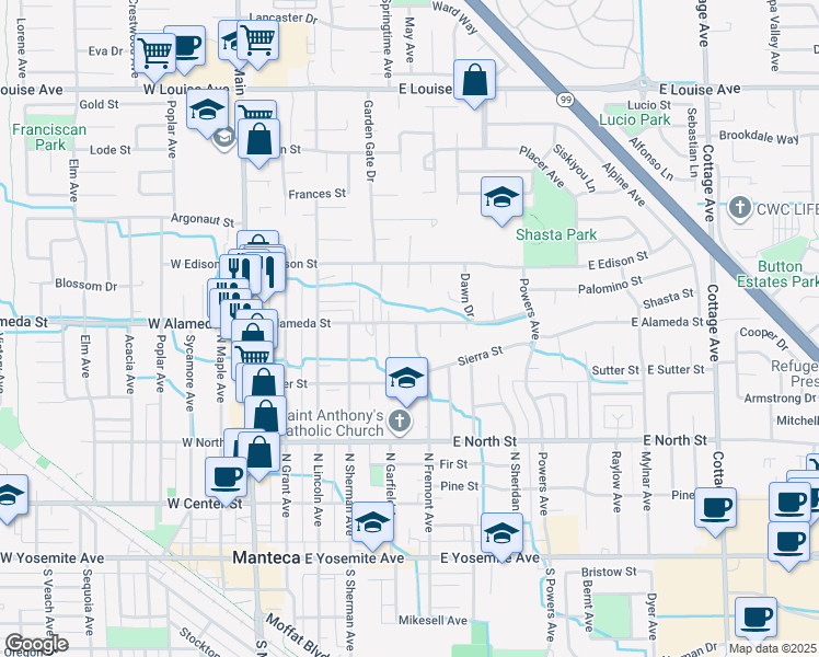map of restaurants, bars, coffee shops, grocery stores, and more near 524 East Alameda Street in Manteca