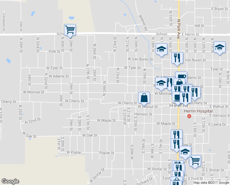map of restaurants, bars, coffee shops, grocery stores, and more near 809 West Monroe Street in Herrin