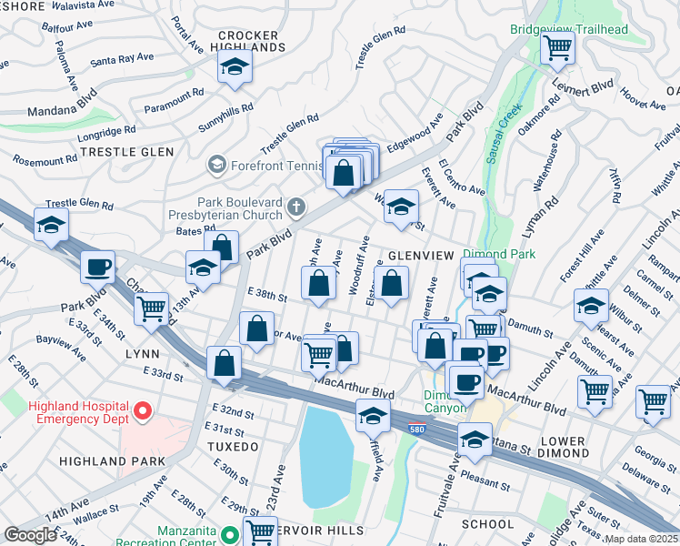 map of restaurants, bars, coffee shops, grocery stores, and more near 3926 Ardley Avenue in Oakland