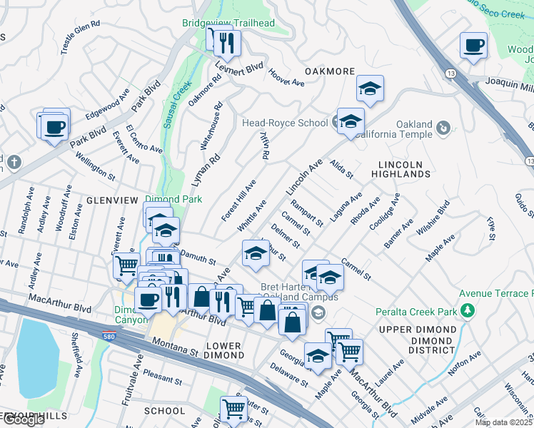 map of restaurants, bars, coffee shops, grocery stores, and more near 4009 Lincoln Avenue in Oakland