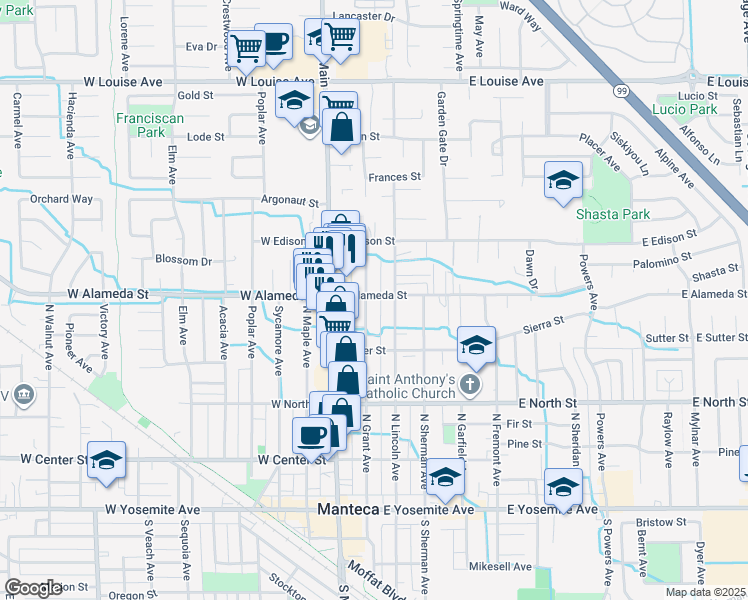 map of restaurants, bars, coffee shops, grocery stores, and more near 220 East Alameda Street in Manteca