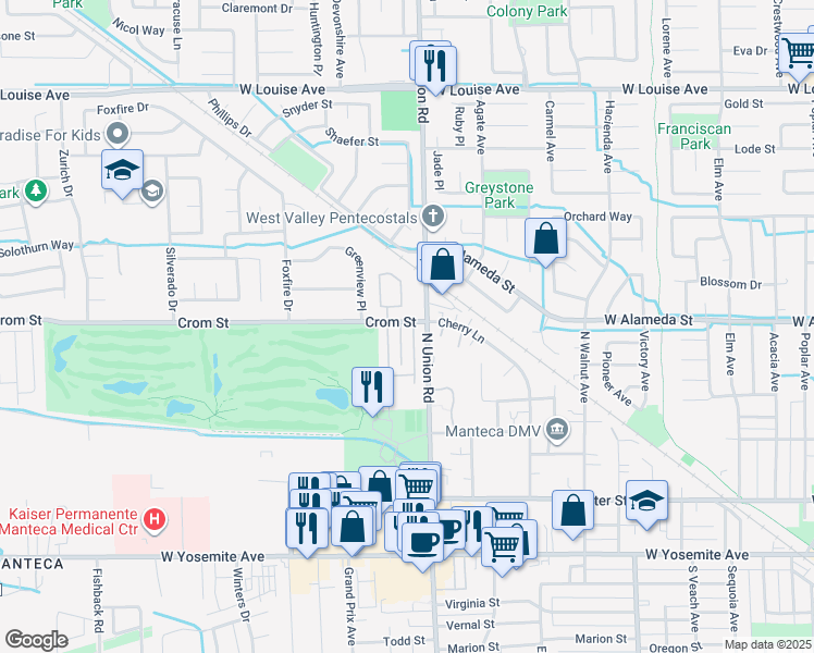 map of restaurants, bars, coffee shops, grocery stores, and more near 458 Benjamin Place in Manteca