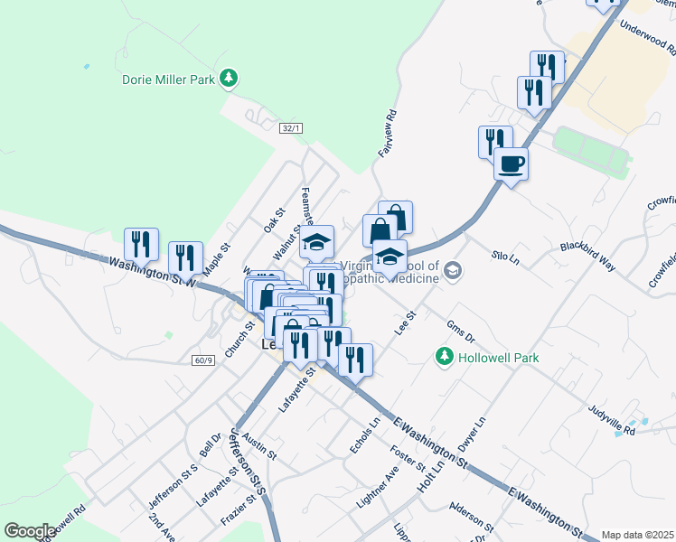 map of restaurants, bars, coffee shops, grocery stores, and more near Arbuckle Lane in Lewisburg