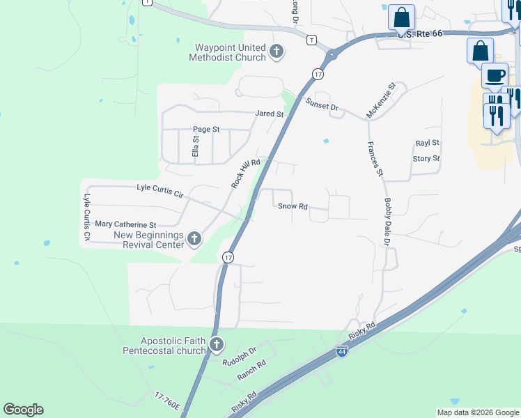map of restaurants, bars, coffee shops, grocery stores, and more near 24580 Missouri 17 in Waynesville