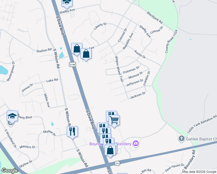 map of restaurants, bars, coffee shops, grocery stores, and more near 156 Darby Woods Court in Radcliff