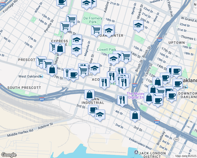 map of restaurants, bars, coffee shops, grocery stores, and more near 1058 8th Street in Oakland