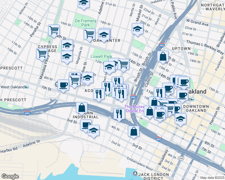 map of restaurants, bars, coffee shops, grocery stores, and more near 861 Village Circle in Oakland