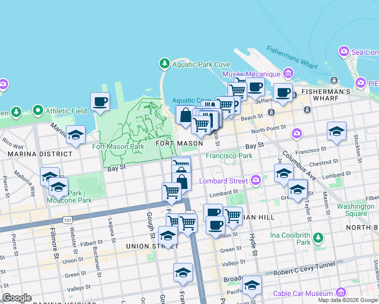 map of restaurants, bars, coffee shops, grocery stores, and more near 1015 Bay Street in San Francisco