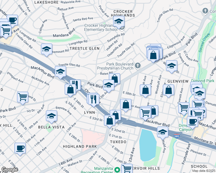 map of restaurants, bars, coffee shops, grocery stores, and more near Park Blvd & Park Blvd Way in Oakland