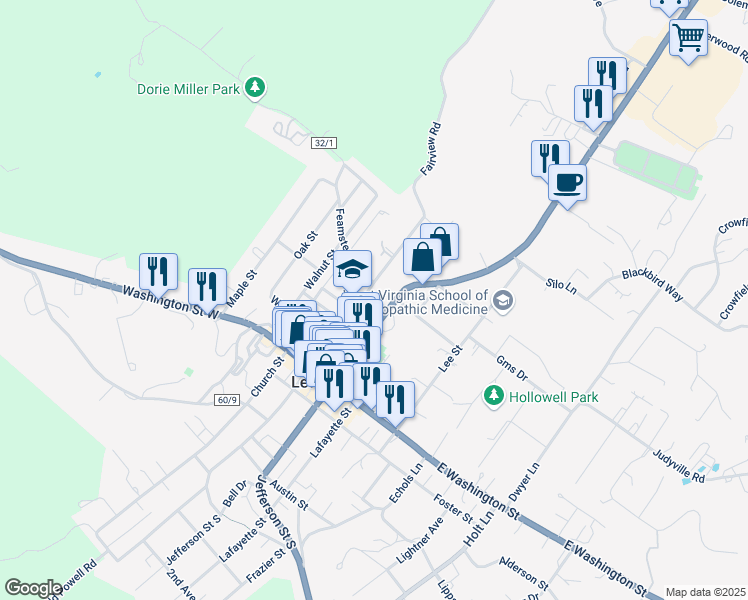 map of restaurants, bars, coffee shops, grocery stores, and more near Arbuckle Lane in Lewisburg