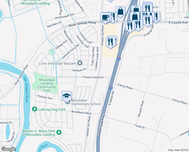 map of restaurants, bars, coffee shops, grocery stores, and more near 231 Towne Centre Drive in Lathrop