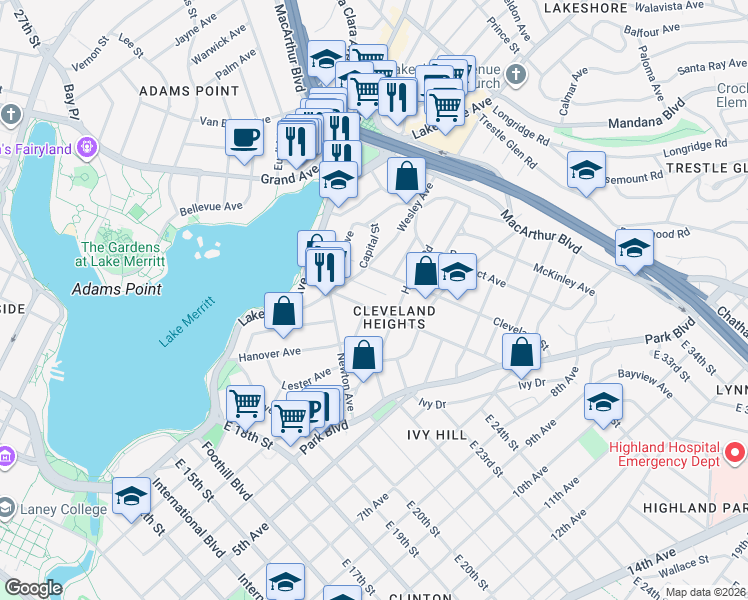 map of restaurants, bars, coffee shops, grocery stores, and more near in Oakland