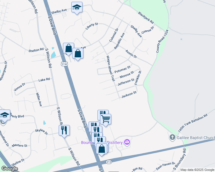 map of restaurants, bars, coffee shops, grocery stores, and more near 121 Derbyshire Court in Radcliff