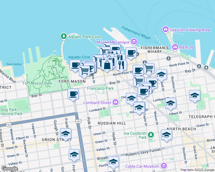 map of restaurants, bars, coffee shops, grocery stores, and more near in San Francisco
