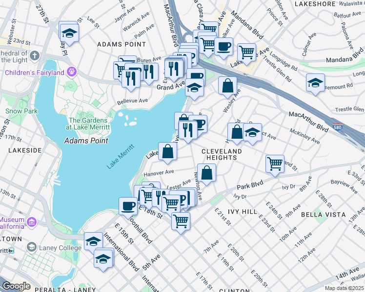 map of restaurants, bars, coffee shops, grocery stores, and more near 479 Wesley Avenue in Oakland