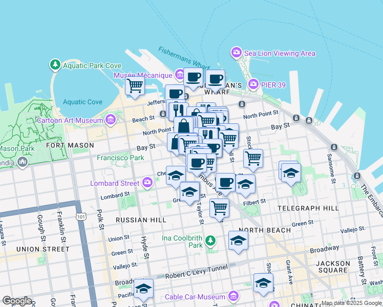 map of restaurants, bars, coffee shops, grocery stores, and more near 2410 Taylor Street in San Francisco