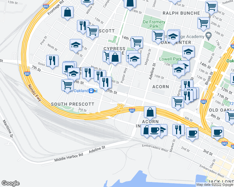map of restaurants, bars, coffee shops, grocery stores, and more near 1333 7th Street in Oakland