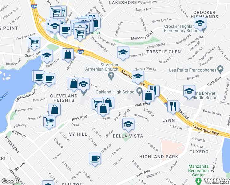 map of restaurants, bars, coffee shops, grocery stores, and more near 900 Prospect Avenue in Oakland