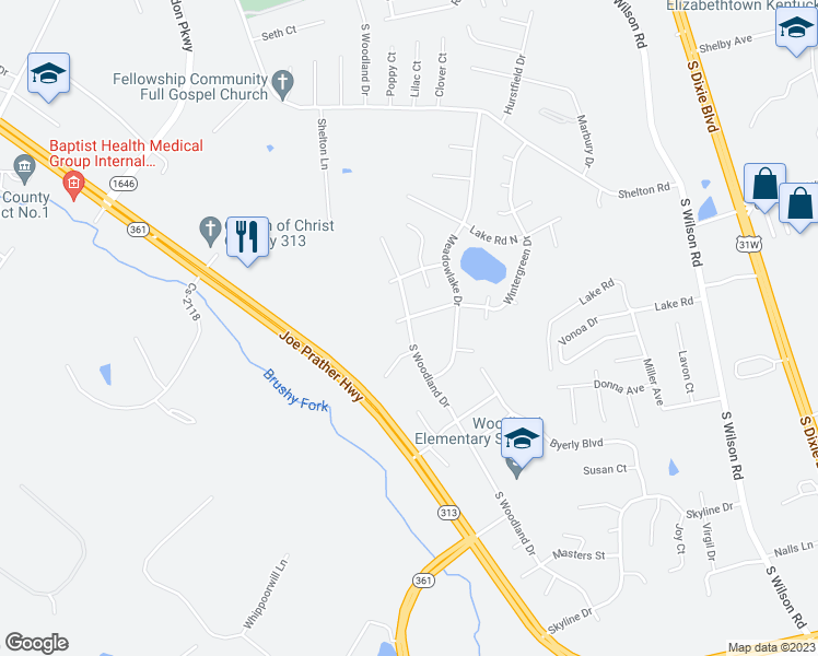 map of restaurants, bars, coffee shops, grocery stores, and more near 3901 South Woodland Drive in Radcliff