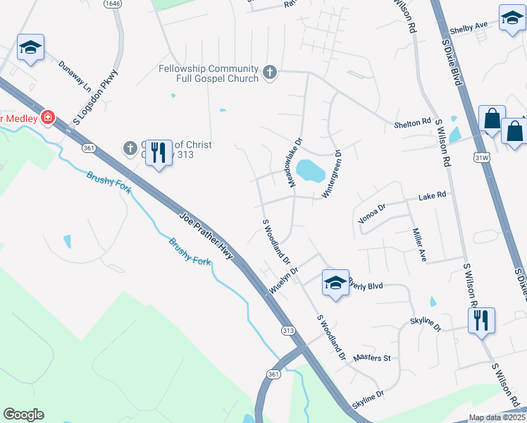 map of restaurants, bars, coffee shops, grocery stores, and more near 3600 South Woodland Drive in Radcliff