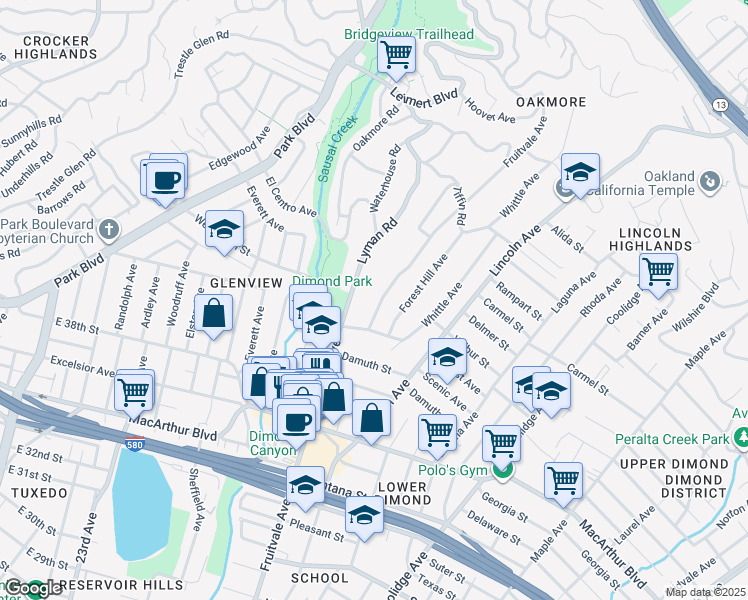map of restaurants, bars, coffee shops, grocery stores, and more near 3847 Fruitvale Avenue in Oakland