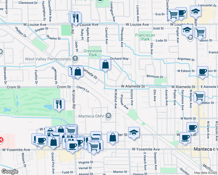 map of restaurants, bars, coffee shops, grocery stores, and more near 942 West Alameda Street in Manteca