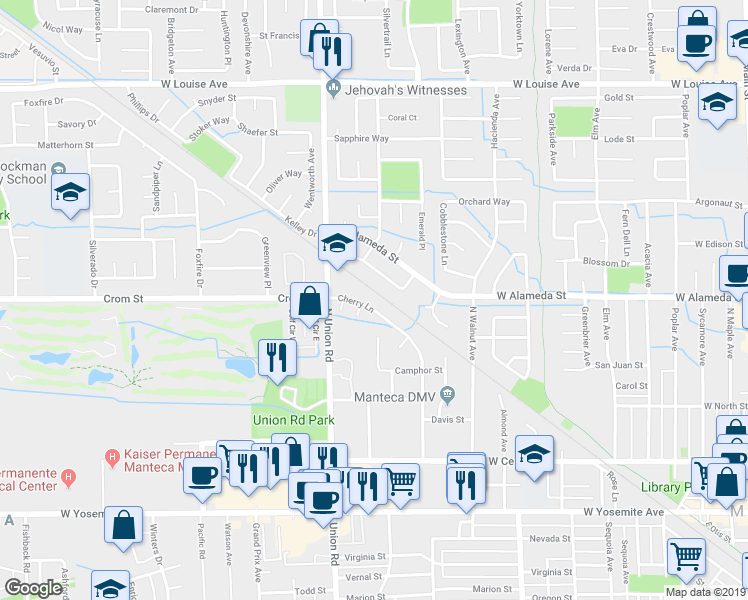 map of restaurants, bars, coffee shops, grocery stores, and more near 456 Cherry Lane in Manteca