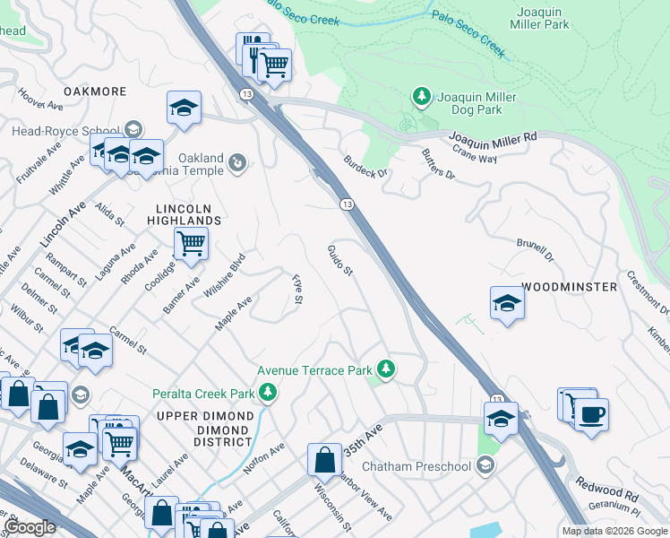 map of restaurants, bars, coffee shops, grocery stores, and more near 3116 Jordan Road in Oakland