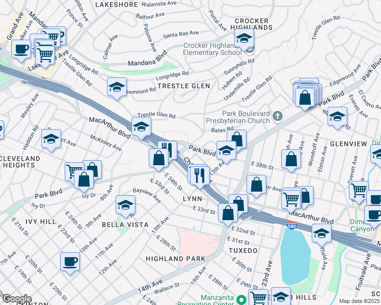 map of restaurants, bars, coffee shops, grocery stores, and more near in Oakland