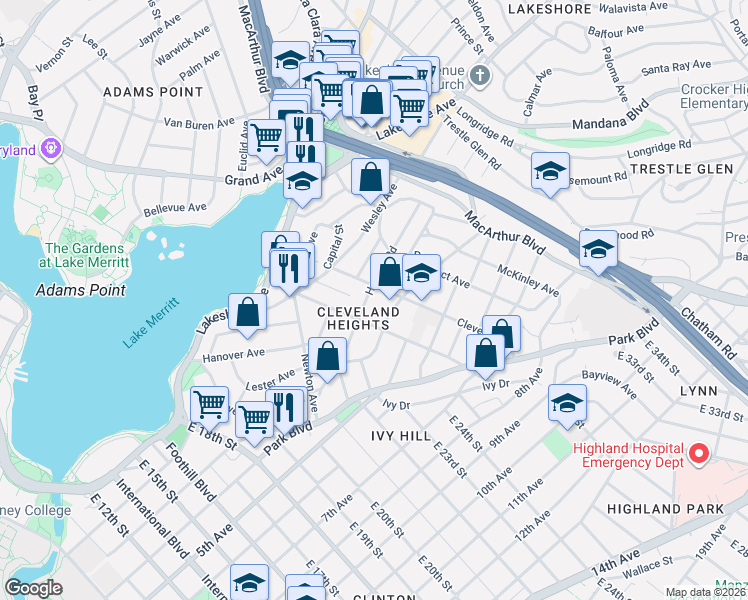 map of restaurants, bars, coffee shops, grocery stores, and more near 527 Athol Avenue in Oakland