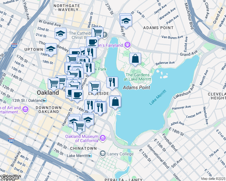 map of restaurants, bars, coffee shops, grocery stores, and more near in Oakland