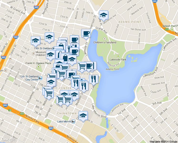 map of restaurants, bars, coffee shops, grocery stores, and more near in Oakland