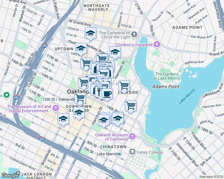 map of restaurants, bars, coffee shops, grocery stores, and more near 1500 Harrison Street in Oakland