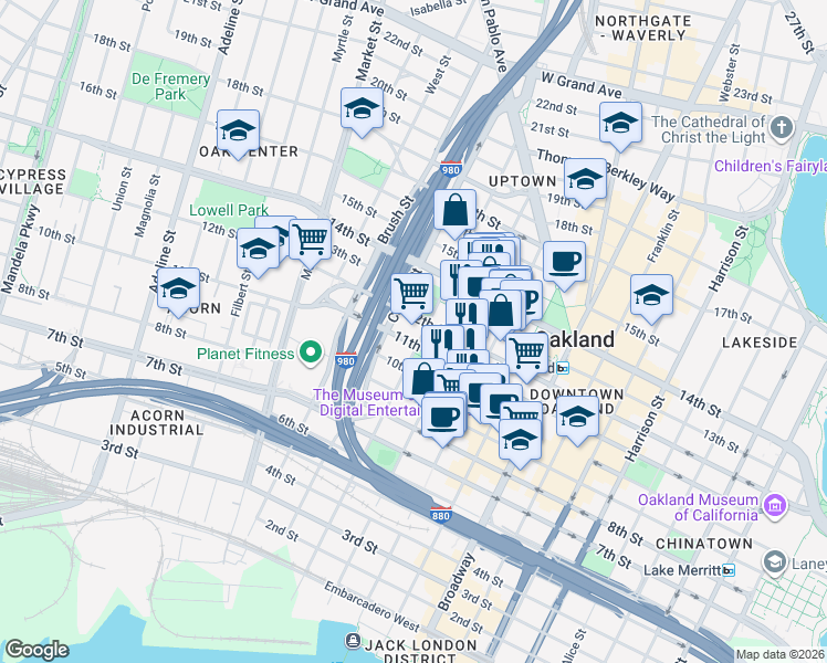 map of restaurants, bars, coffee shops, grocery stores, and more near in Oakland