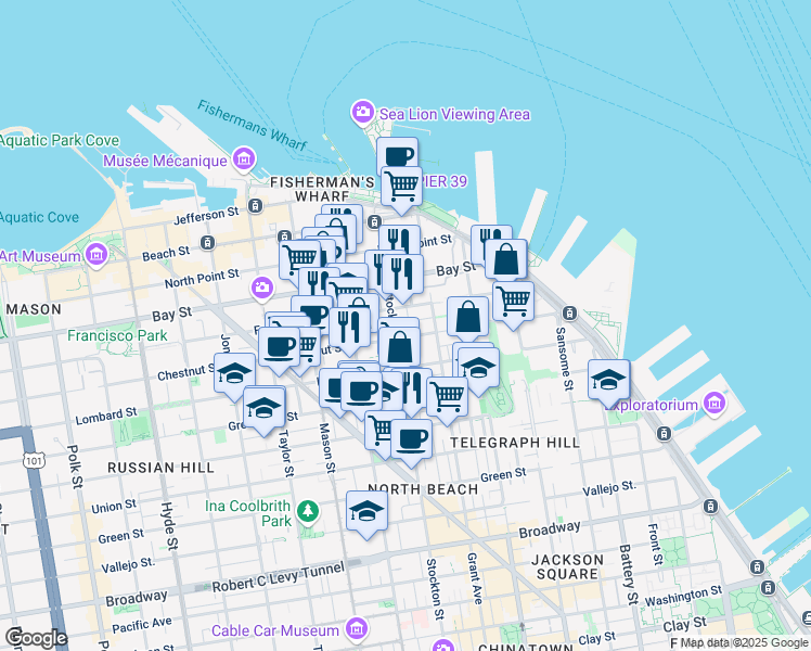 map of restaurants, bars, coffee shops, grocery stores, and more near 340 Chestnut Street in San Francisco