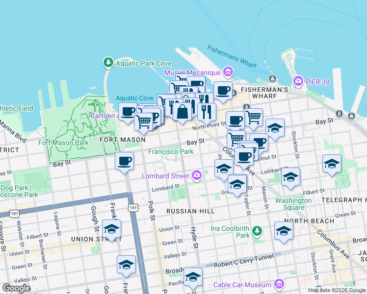 map of restaurants, bars, coffee shops, grocery stores, and more near 765 Bay Street in San Francisco