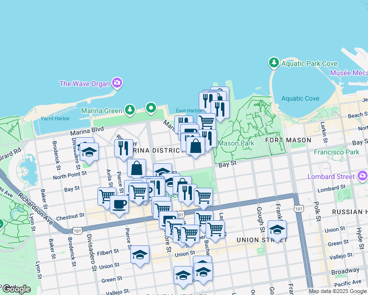 map of restaurants, bars, coffee shops, grocery stores, and more near 1539 Beach Street in San Francisco