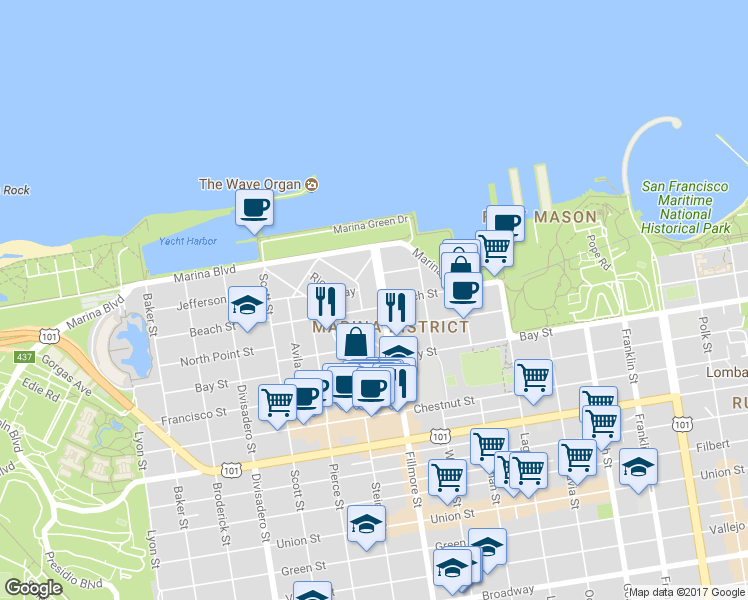 map of restaurants, bars, coffee shops, grocery stores, and more near in San Francisco