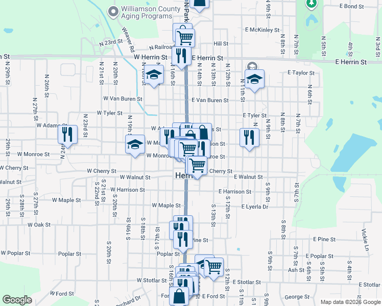 map of restaurants, bars, coffee shops, grocery stores, and more near 201-299 North 14th Street in Herrin