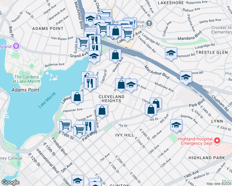 map of restaurants, bars, coffee shops, grocery stores, and more near 527 Athol Avenue in Oakland