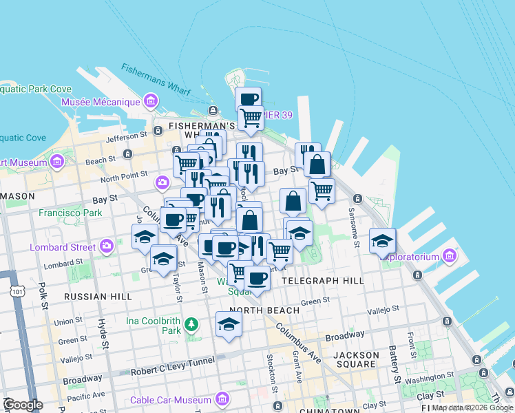 map of restaurants, bars, coffee shops, grocery stores, and more near in San Francisco