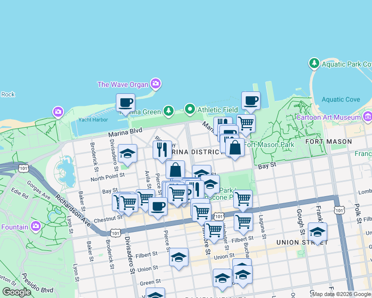 map of restaurants, bars, coffee shops, grocery stores, and more near in San Francisco
