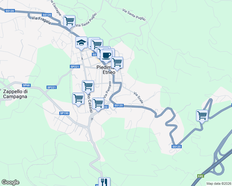 map of restaurants, bars, coffee shops, grocery stores, and more near 1-64 Via Roma in Piedimonte Etneo