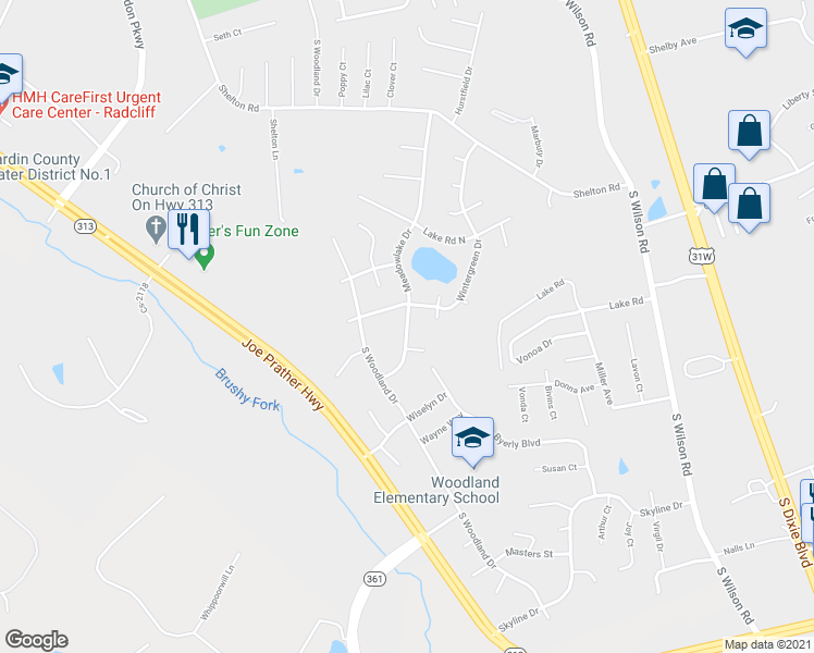 map of restaurants, bars, coffee shops, grocery stores, and more near 216 Meadowlake Drive in Radcliff